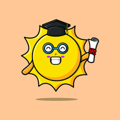 Cute cartoon sun student character on graduation day with toga in concept 3d cartoon style