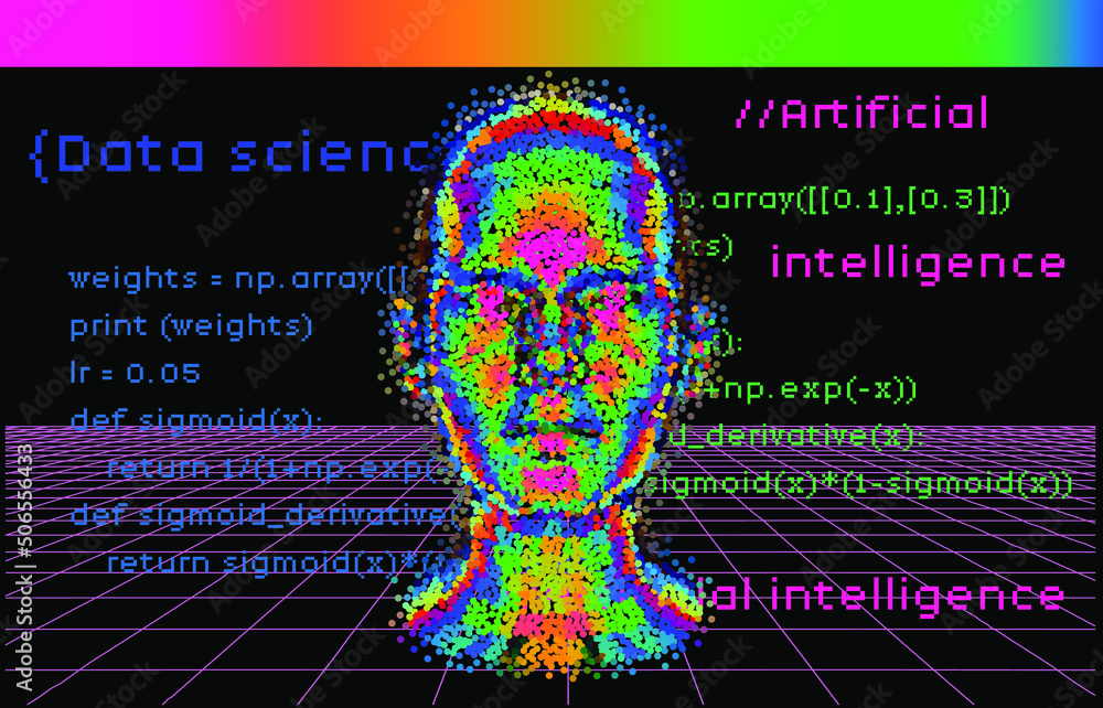 Poster 3D human head made of colorful particles on the dark background with random pseudocode of a neural network algorithm.