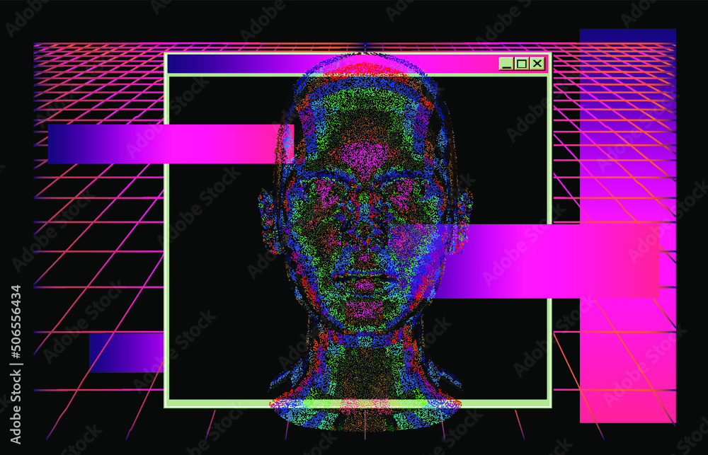 Poster abstract 3d illustration of a human head made of many particles. concept of the artificial intellige