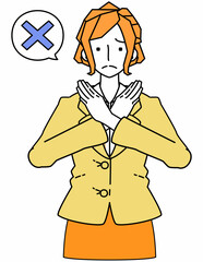 腕でNGマークを作るスーツ姿のビジネスウーマンの女性のイラスト
