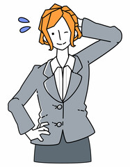 照れ笑いを浮かべるスーツ姿のビジネスウーマンの女性のイラスト