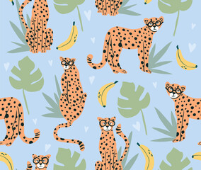 Cute banana and cheetah seamless pattern. Background with animals, banana and monstera. Wallpaper perfect for kids and children.