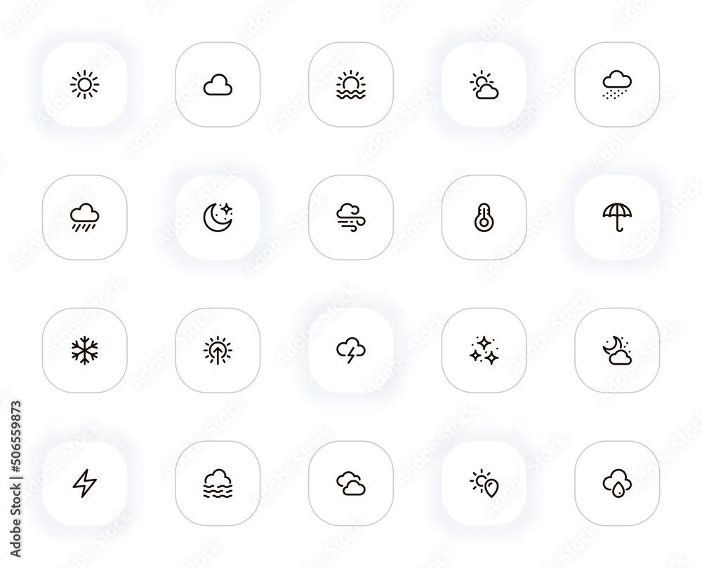 Poster weather and climate line icons set. sun, cloud, rain, moon, wind, storm, umbrella, snow, star. vecto