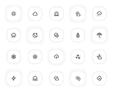 Weather and climate line icons set. Sun, cloud, rain, moon, wind, storm, umbrella, snow, star. Vector outline pictograms for web and ui, ux mobile app design. Editable Stroke. 24x24 Pixel Perfect.