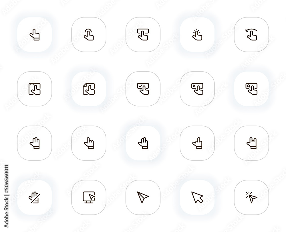 Fototapete cursors and select hands line icons set. computer mouse pointer, arrows, click, confirm, cancel. vec
