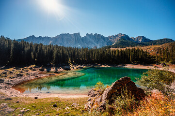 Landscape of Lake Carezza, Karersee with Dolomites, Nova Levante, Bolzano, Italy. Majestic...