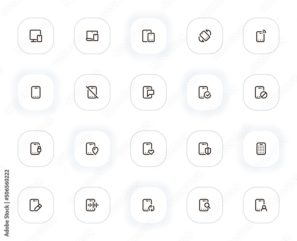 Aufkleber mobile devices line icons set. smartphone, phone, computer, network, laptop, application, display. v
