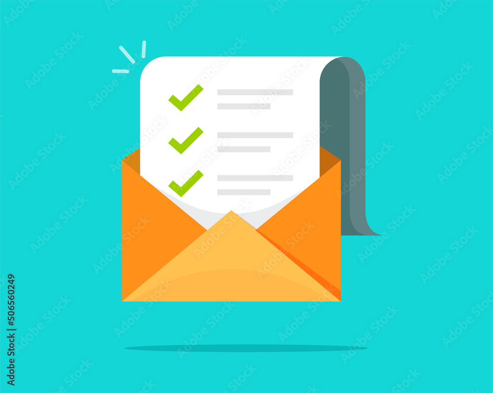Aufkleber mail email check list icon vector or exam checklist marks in digital envelope open flat cartoon illu