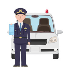 覆面パトカー前で青切符を持っている制服の男性警察官
