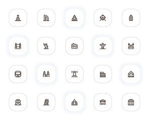 Landmarks and places line icons set. Paris, Dubai, America, Brazil, Japan, Korea, Italy, Egypt. Vector outline pictograms for web and ui, ux mobile app design. Editable Stroke. 24x24 Pixel Perfect.