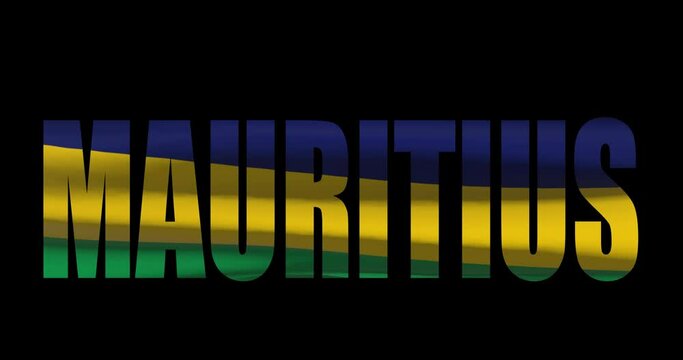 Mauritius country name on transparent background. Word animation with waving national flag