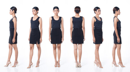 Fototapeta premium Collage Group Full length Figure snap of 20s Asian Woman black wrapped hair black vast short skirt