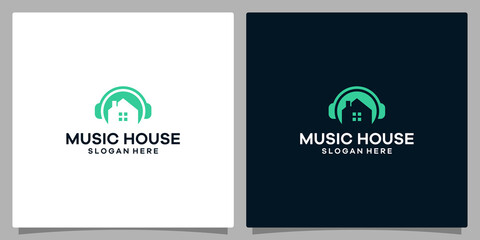 Fototapeta na wymiar Logo design template Music. Logo headphone with house building. Premium vector
