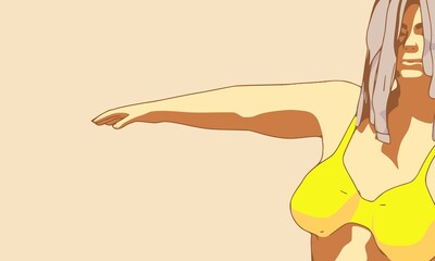 Beautiful plus size woman wearing yellow underwear or swimsuit is dancing. Body positive concept. Attractive overweight girl. For Fat acceptance movement.