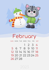 Calendar of 2023 year, February, poster with cute gray kitty in green jacket with snowman in red-yellow scarf, green cap and trees. Vector illustration for postcard, banner, web, design, arts.