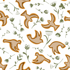 seamless flying birds with plant. Vector illustration.