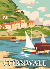 Fototapeta na wymiar Cornwall Vintage Poster, South West England, United Kingdom. Travel poster coast, buikdings, sailboats. Vector illustration