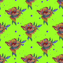 Vector pattern of tropical flowers and leaves. Seamless fashion illustration for printing on textiles, blank for designers, photo wallpaper