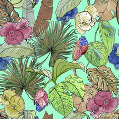 Vector pattern of tropical flowers and leaves. Seamless fashion illustration for printing on textiles, blank for designers, photo wallpaper