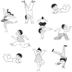 Vector outline group of frolic children on a white background