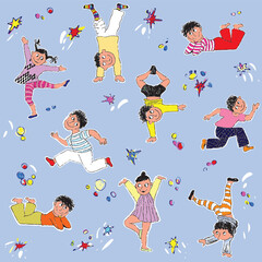Vector group of running and jumping cute children seamless pattern - 506563499