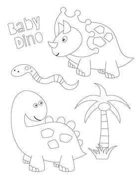 Dinosaurs coloring page printable for children. Preschool Space. Dinosaur, dino, palm tree, jungle plants, snake. Coloring Book. Vector illustration.