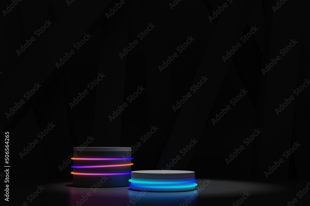 Poster 3d rendering podium scene with neon light for product display