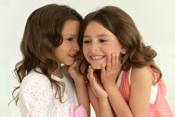 Studio portrait of cute  twin sisters sharing secret
