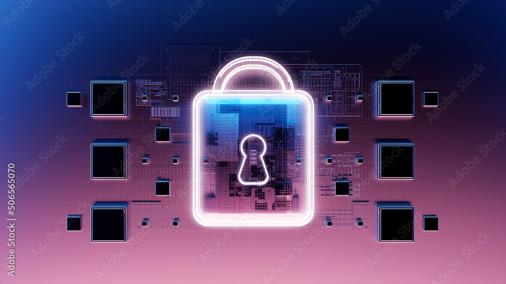 Poster Digital Lock Symbol. This image showcases a glowing digital lock symbol overlaid on a high-tech circuit board, representing cybersecurity and data protection in modern technology.