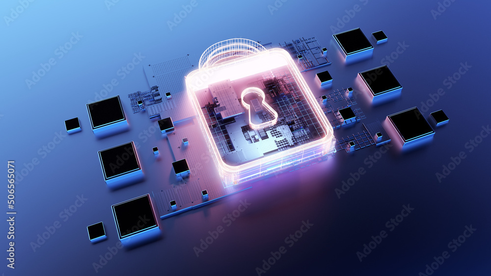 Poster Digital Lock Symbol. This image showcases a glowing digital lock symbol overlaid on a high-tech circuit board, representing cybersecurity and data protection in modern technology.