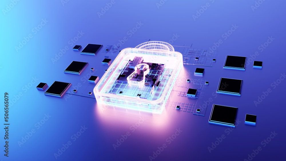 Poster Digital Lock Symbol. This image showcases a glowing digital lock symbol overlaid on a high-tech circuit board, representing cybersecurity and data protection in modern technology.