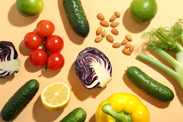 Flat lay with food on beige background