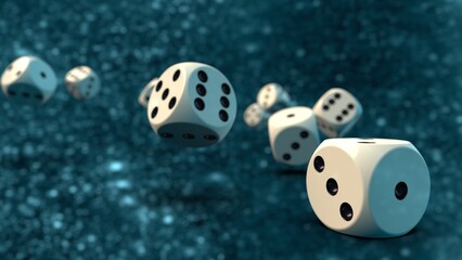 Rolling white-black dices under 
outer space background. 3D CG. 3D illustration. 3D high quality rendering.