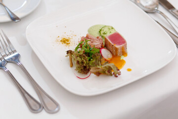 Close up of grilled seabass with fresh salad and sauce. Professional fine dining. Soft focus image.
