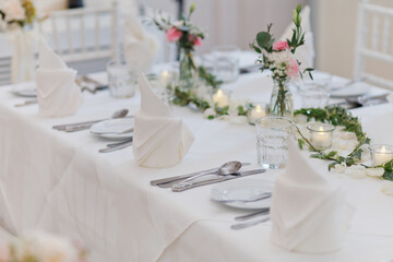 Long party table setting set up. Selective focus image.