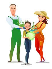 Man and woman and daughter villager farmer in overalls. Agricultural worker. Cheerful person. Standing pose. Cartoon comic style. Illustration isolated white background. Vector