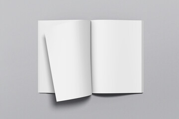 A4 magazine mockup top view, book or catalog on gray table. Blank page or notepad on solid...