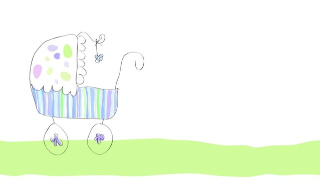 Baby carriage that run around on a green lawn. Childish drawing, animated illustration