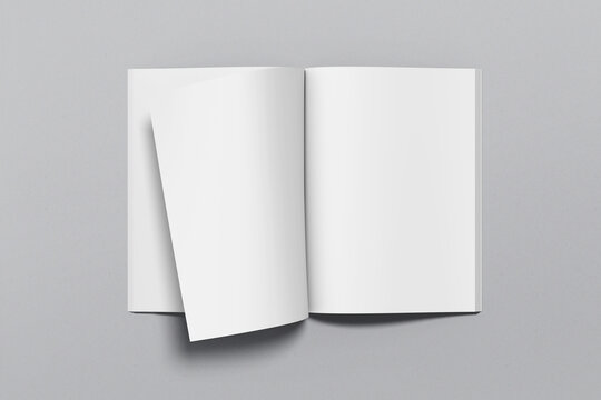 A4 Magazine Mockup Top View, Book Or Catalog On Gray Table. Blank Page Or Notepad On Solid Background. Blank Page Or Notepad For Mockups Or Simulations.