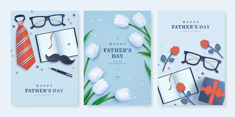 Set of Father's Day poster or banner template with necktie, moustache, notebook, gift box and realistic tulips on blue background