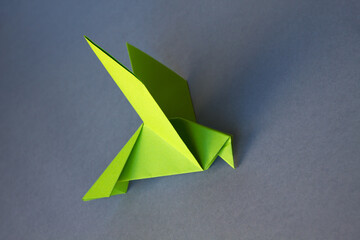 Green paper dove origami isolated on a grey background