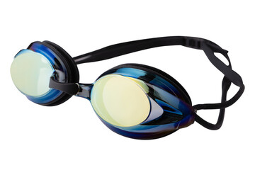 black swimming goggles with mirrored eyepieces and silicone strap, on a white background
