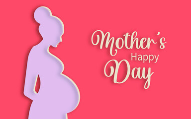 Happy mother's day. Silhouette of a pregnant woman is glad that she is expecting a baby. Modern postcard in paper art style with pink horizontal background. vector
