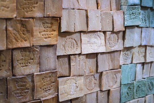 Stack of Aleppo soap bars on market for sale