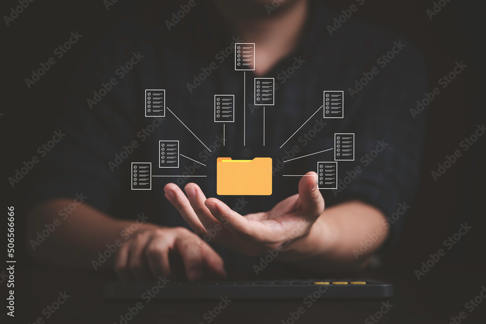 Poster businessman holding virtual yellow folder and document for online approve paperless quality assuranc