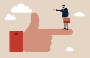 Tiny businessman standing on giant hand pointing in opposite direction. Employee conflict direction, argument between coworker, different thought, disagreement or opposite way, decision issue concept.