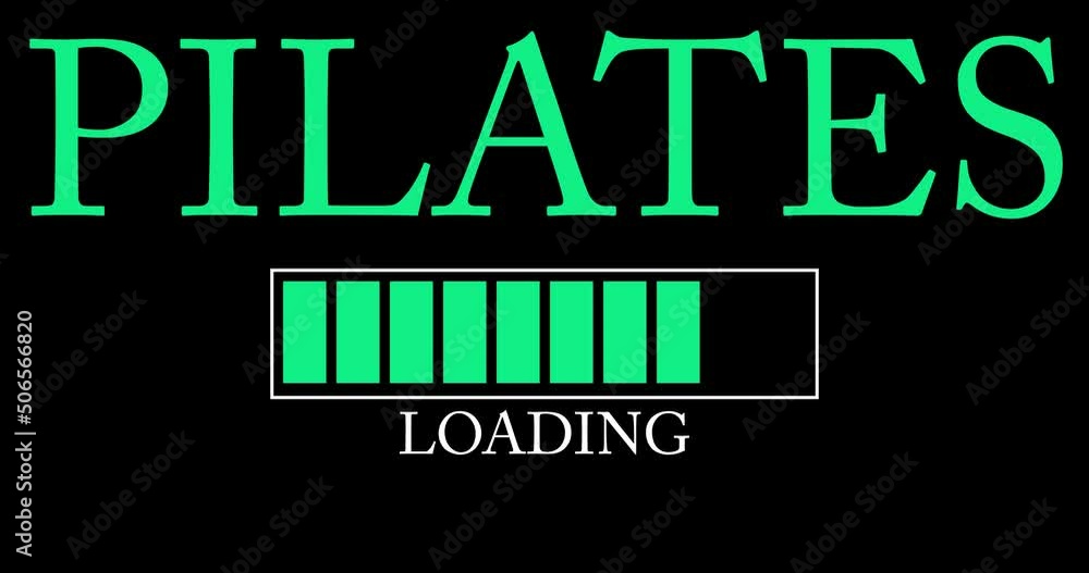 Poster pilates text with loading, downloading, uploading bar indicator. download, upload on computer screen
