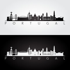Naklejka premium Portugal skyline and landmarks silhouette, black and white design, vector illustration.