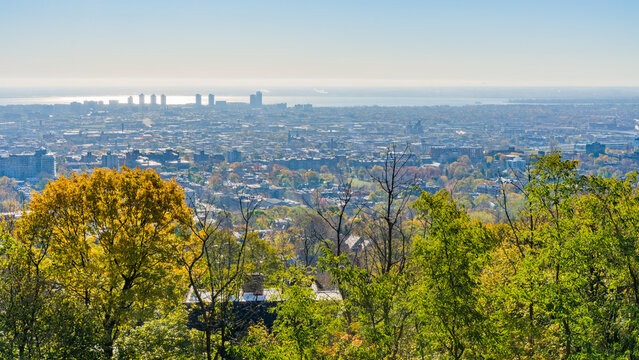 View on the skyline of Montreal on a clear fall day from the Summit Circle Belvedere in Westmount 