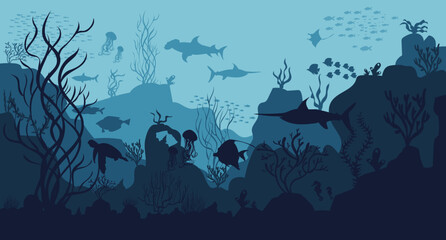 silhouette of coral reef with fish on blue sea background underwater vector illustration	 